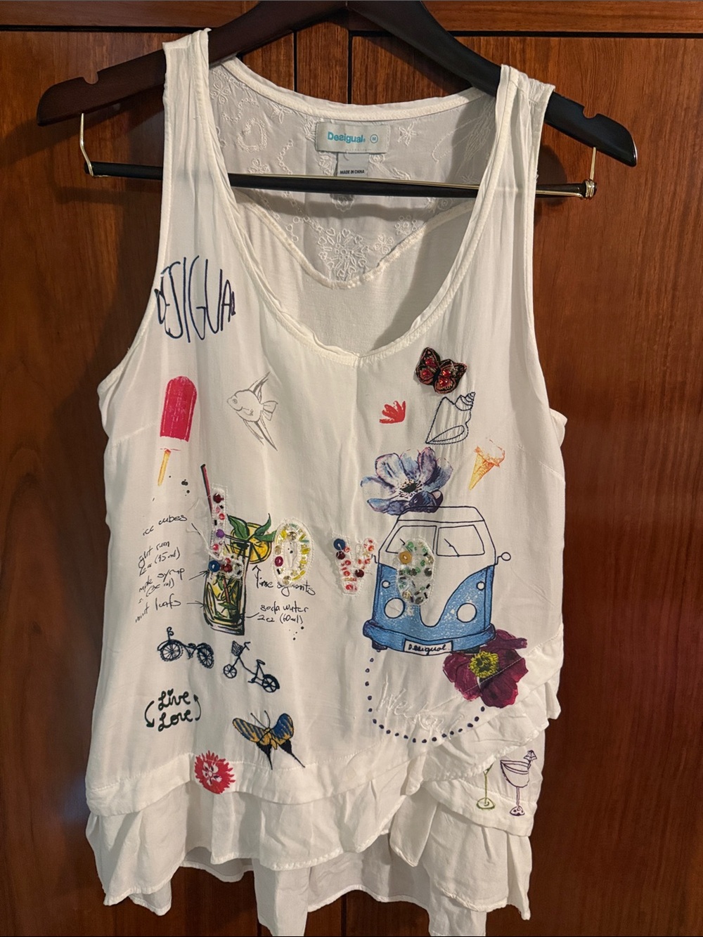 Desigual White Embellished Graphic Ruffle-Hem Tank with Multicolor Motifs